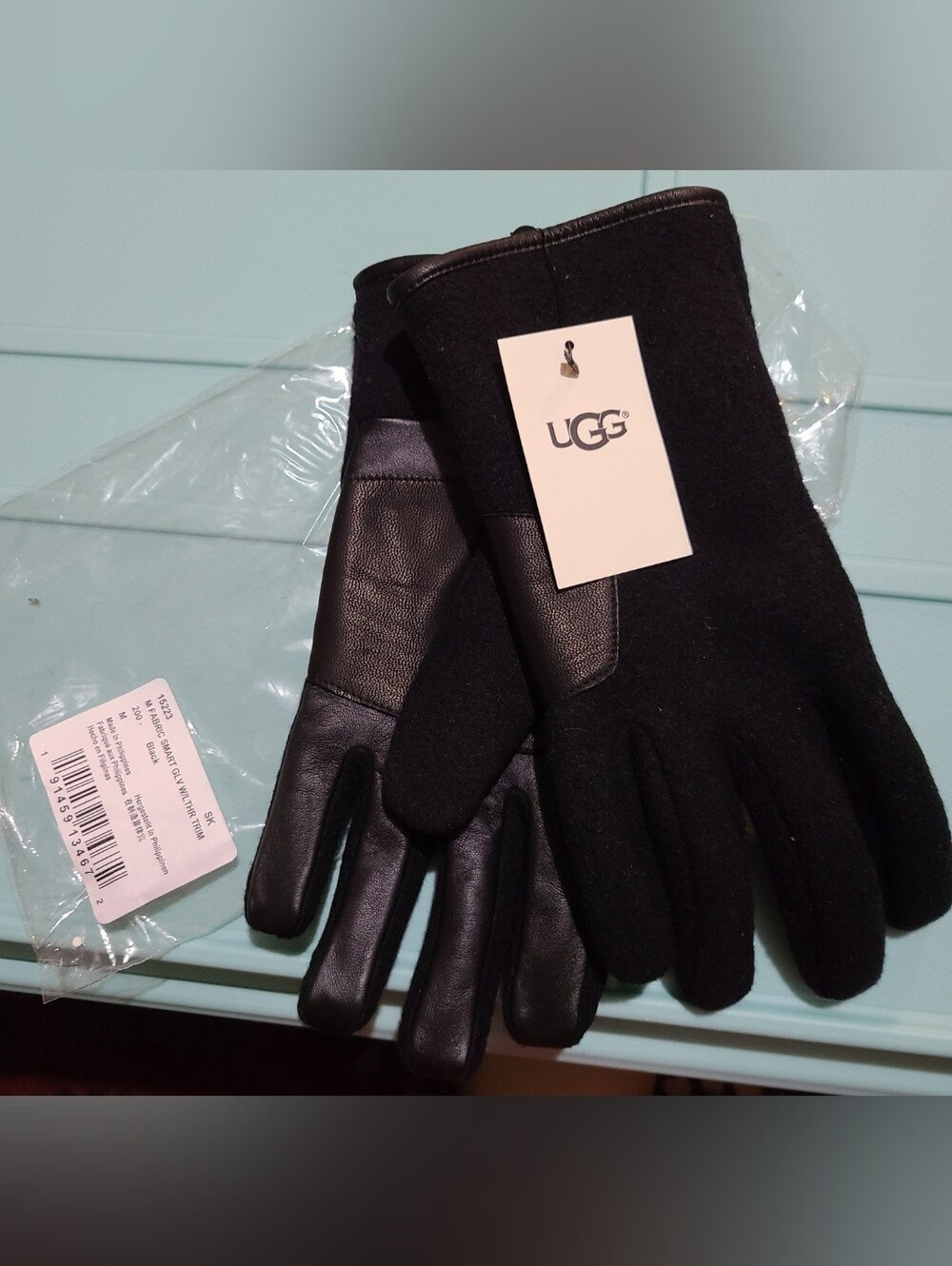 UGG Smart Gloves.. Black Fabric & Leather  Touchscreen Mens Large ☆Authentic☆